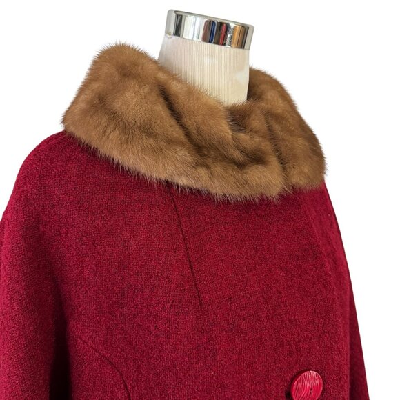 Shagmoor Red Wool Tweed Coat Beige Mink Collar May Co Size Medium Vintage 1960s - Picture 2 of 13